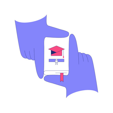 Graduation Hat On Smartphone Screen In Flat Vector Illustration Symbolizing Online Education, E Learning, And Digital Certification, Isolated On White Backgroundのイラスト素材