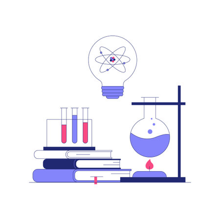 Science Lab Equipment With Books And Atom Light Bulb In Flat Vector Illustration Symbolizing Education, Research, And Experimentation, Isolated On White Backgroundのイラスト素材