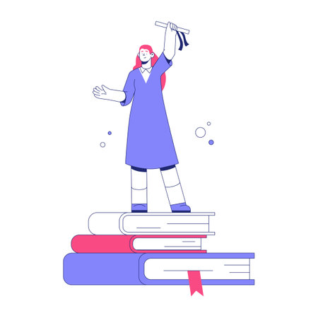 Female Graduate Holding Diploma Standing On Books In Flat Vector Illustration Symbolizing Education, Achievement, And Knowledge, Isolated On White Backgroundのイラスト素材