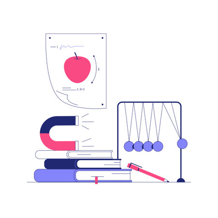 Science Books With Magnet And Newtons Cradle In Flat Vector Illustration Symbolizing Education, Physics, And Learning, Isolated On White Background.のイラスト素材