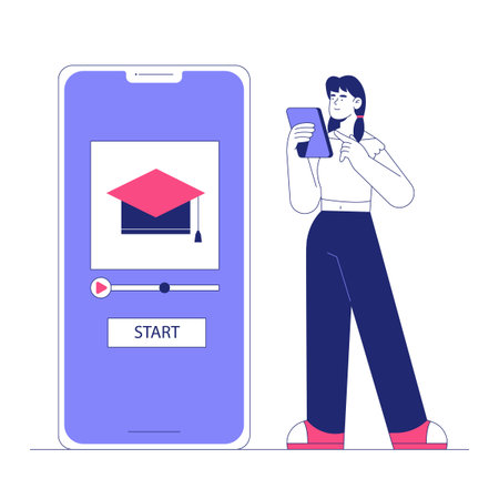 Mobile Screen With Graduation Cap And Woman Holding Tablet In Flat Vector Illustration Symbolizing Online Learning, E Learning Platforms, And Digital Education, Isolated On White Backgroundのイラスト素材