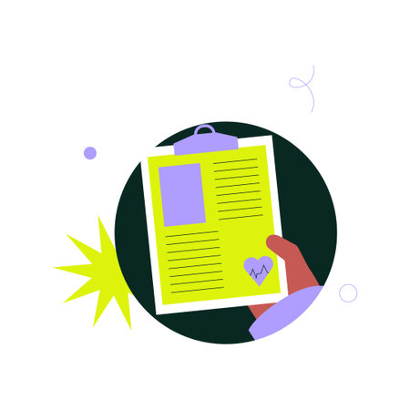 Hand Holding Medical Report With Heart Symbol In Flat Vector Illustration Symbolizing Healthcare, Patient Record, And Medical Documentation, Isolated On White Backgroundのイラスト素材