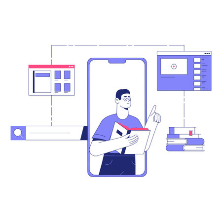 Male Student Holding Open Book Inside Smartphone Interface In Flat Vector Illustration Symbolizing Online Education, E-Learning, And Digital Study Tools, Isolated On White Background.のイラスト素材