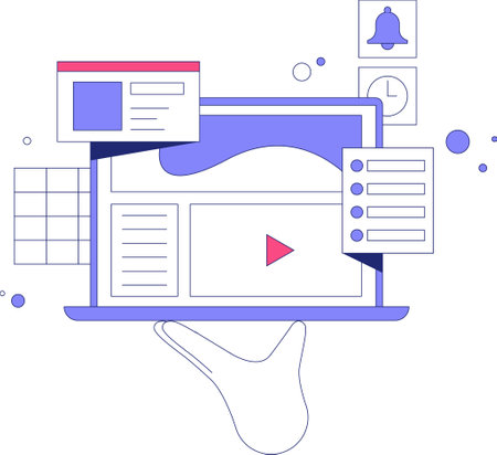Laptop With Interactive Dashboard And Analytics Tools In Flat Vector Illustration Symbolizing Digital Productivity, Technology, And Efficiency, Isolated On White Background.のイラスト素材