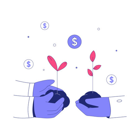 Hands Holding Saplings In Flat Vector Illustration Symbolizing Investment, Growth, And Financial Prosperity, Isolated On White Backgroundのイラスト素材