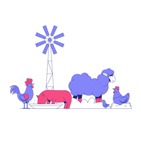 Farm Animals With Windmill In Flat Vector Illustration Symbolizing Rural Life, Agriculture, And Livestock Management, Isolated On White Backgroundのイラスト素材