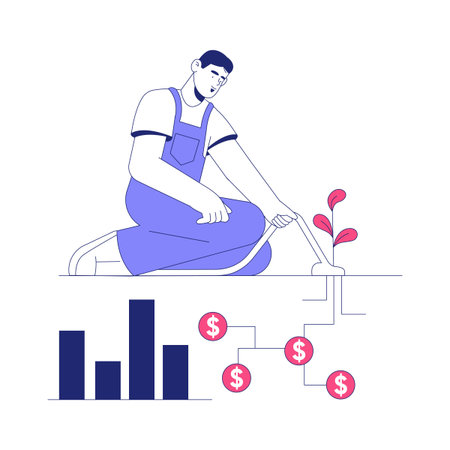 Male Farmer Watering Plant With Financial Growth In Flat Vector Illustration Symbolizing Agriculture, Investment, And Economic Development, Isolated On White Backgroundのイラスト素材