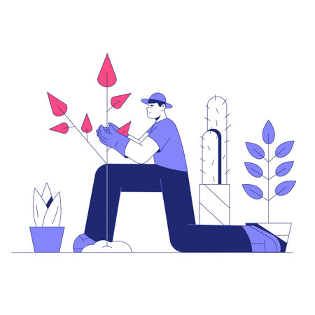 Male Gardener Caring For Plants In Flat Vector Illustration Symbolizing Gardening, Sustainability, And Horticulture, Isolated On White Background.のイラスト素材