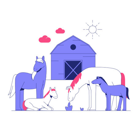 Horses Grazing Around A Barnyard In Flat Vector Illustration Symbolizing Farm Life, Animal Care, And Rural Scenery, Isolated On White Background.のイラスト素材