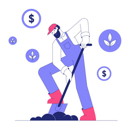 Male Farmer Digging Soil With Shovel In Flat Vector Illustration Symbolizing Agricultural Work, Sustainability, And Hard Work, Isolated On White Background.のイラスト素材