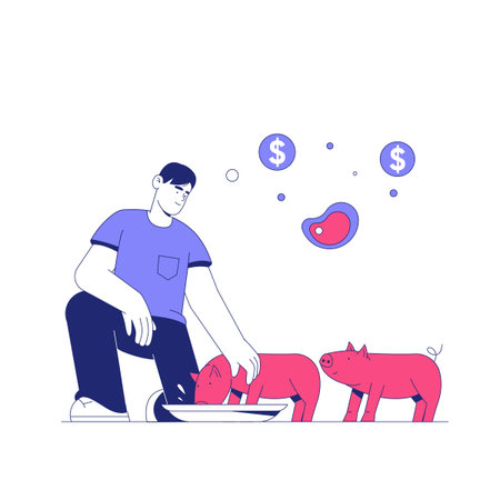Male Farmer Feeding Pigs In Flat Vector Illustration Symbolizing Animal Husbandry, Livestock Farming, And Sustainable Agriculture, Isolated On White Backgroundのイラスト素材