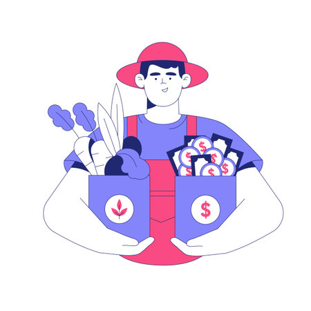 Male Farmer Holding Harvest And Earnings In Flat Vector Illustration Symbolizing Agriculture, Financial Success, And Sustainable Farming, Isolated On White Backgroundのイラスト素材