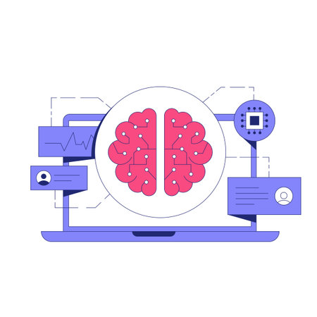 Digital Brain Displayed On Laptop Screen In Flat Vector Illustration Symbolizing Artificial Intelligence, Technology, And Data Analysis, Isolated On White Backgroundのイラスト素材