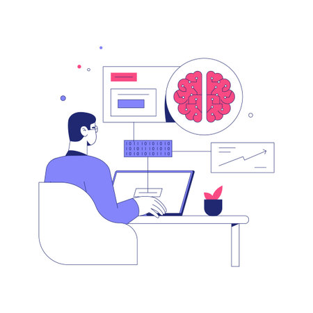 Male Data Scientist Analyzing Brain Mapping Data On Laptop In Flat Vector Illustration Symbolizing Artificial Intelligence, Innovation, And Machine Learning, Isolated On White Backgroundのイラスト素材