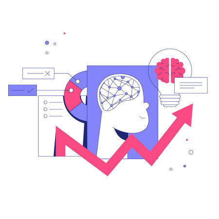 Abstract Human Brain With Analytical Charts And Graphs In Flat Vector Illustration Symbolizing Innovation, Problem Solving, And Data Analysis, Isolated On White Backgroundのイラスト素材