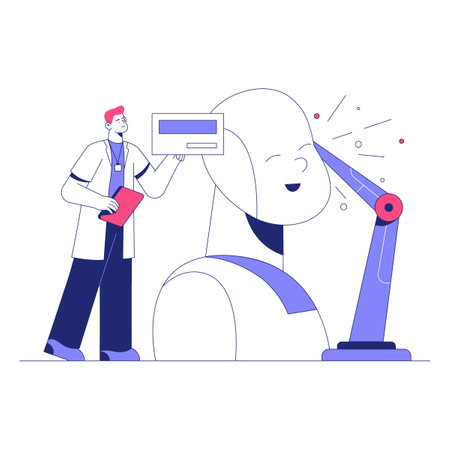 Male Engineer Interacting With A Robotic Head In Flat Vector Illustration Symbolizing AI Development, Research, And Robotics, Isolated On White Background.のイラスト素材