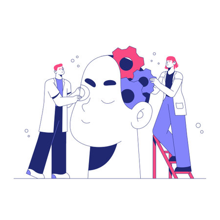 Scientists Adjusting Gears Inside A Robot Head In Flat Vector Illustration Symbolizing AI Development, Creativity, Brain Function, And Artificial Intelligence, Isolated On White Background.のイラスト素材