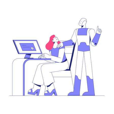 Female Worker And Assistant Robot At Desk In Flat Vector Illustration Symbolizing Robotics, Automation, And Workplace Technology, Isolated On White Background.のイラスト素材