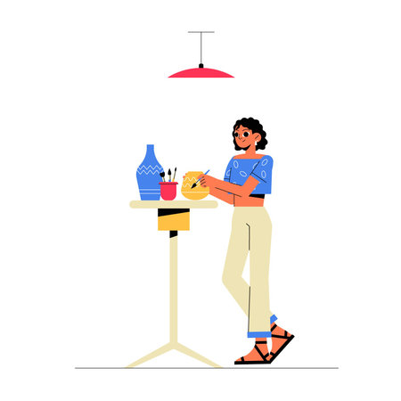 Ceramic Painting By Female Artist In Flat Vector Illustration Symbolizing Creativity, Craftsmanship, And Art, Isolated On White Backgroundのイラスト素材