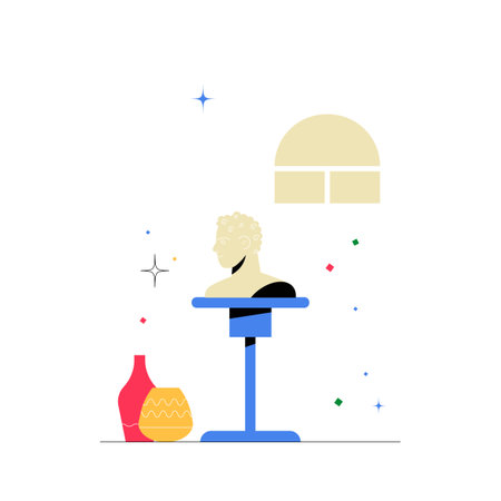 Bust On Pedestal With Decorative Vases In Flat Vector Illustration Symbolizing Art, Sculpture, And Creativity, Isolated On White Background.のイラスト素材