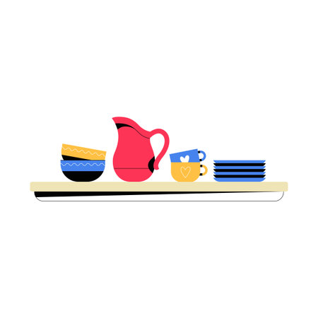 Kitchenware On Shelf In Flat Vector Illustration Symbolizing Home Cooking, Organization, And Decor, Isolated On White Backgroundのイラスト素材