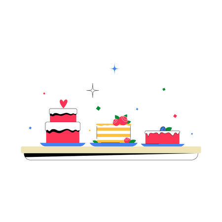 Assorted Cakes Displayed On A Shelf In Flat Vector Illustration Symbolizing Desserts, Bakery, And...