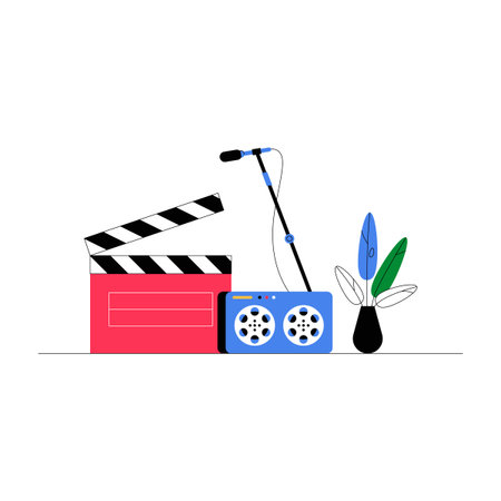 Film Reel, Clapperboard, And Microphone In Flat Vector Illustration Symbolizing Movie Production, Filmmaking, And Media, Isolated On White Background.のイラスト素材