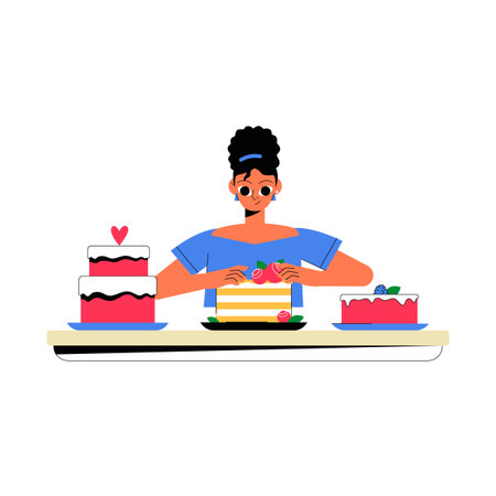 Woman Decorating A Cake In Flat Vector Illustration Symbolizing Baking, Pastry Art, And Celebration,...