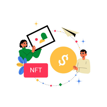 Male And Female Characters With NFT And Dollar Icons In Flat Vector Illustration Symbolizing Digital Art, Cryptocurrency, And Blockchain, Isolated On White Backgroundのイラスト素材
