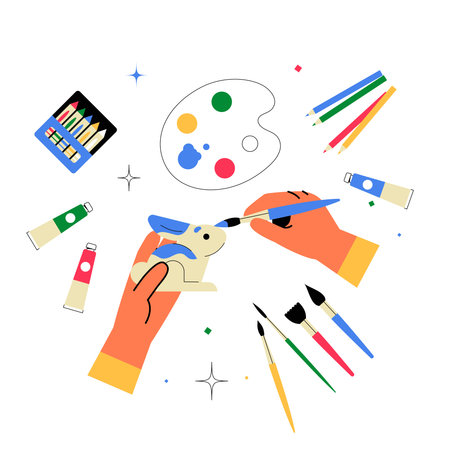Hands Painting A Figurine With Brushes And Palette In Flat Vector Illustration Symbolizing Art Creation, Hobbies, And Crafting, Isolated On White Backgroundのイラスト素材