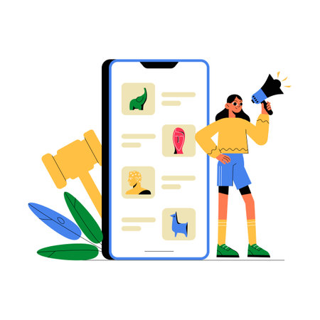 Woman Promoting NFT Collection On Mobile App In Flat Vector Illustration Symbolizing NFT Promotion, Digital Marketing, And Blockchain Technology, Isolated On White Background.のイラスト素材