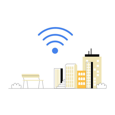 City Buildings And Bench With WiFi Icon In Flat Vector Illustration Symbolizing Internet Connectivity, Urban Life, And Technology, Isolated On White Background.のイラスト素材