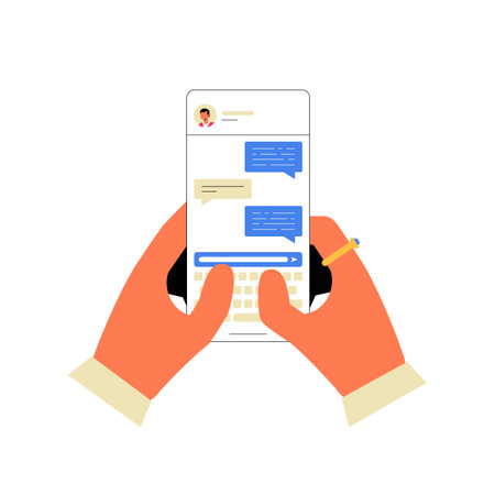 Hands Holding A Smartphone With Messaging Interface In Flat Vector Illustration Symbolizing Communication, Interaction, And Digital Messaging, Isolated On White Background.のイラスト素材
