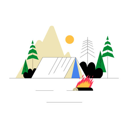 Tent With Campfire In Flat Vector Illustration Symbolizing Outdoor Camping, Adventure, And Nature Exploration, Isolated On White Backgroundのイラスト素材