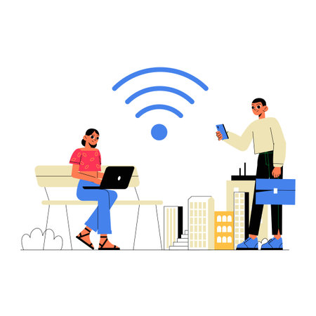 Outdoor Wifi Connection With Woman Working On Laptop And Man Holding Smartphone Flat Vector Illustration Symbolizing Technology, Communication, And Connectivity, Isolated On White Backgroundのイラスト素材