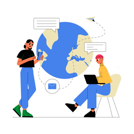 Two Characters Communicating Using Mobile Devices With Globe Background In Flat Vector Illustration Symbolizing Global Communication And Networking, Isolated On White Backgroundのイラスト素材