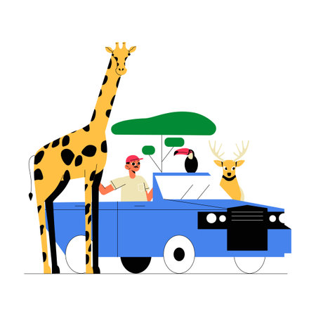 Safari Adventure With Giraffe, Deer, Toucan, And Male Tourist In Vehicle, Flat Vector Illustration Symbolizing Wildlife Exploration And Outdoor Travel, Isolated On White Background.のイラスト素材