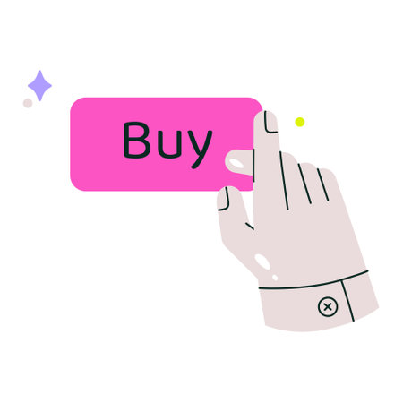 Hand Pressing Buy Button In Flat Vector Illustration Symbolizing Online Shopping, E Commerce, And Consumer Purchase Decisions, Isolated On White Background.のイラスト素材