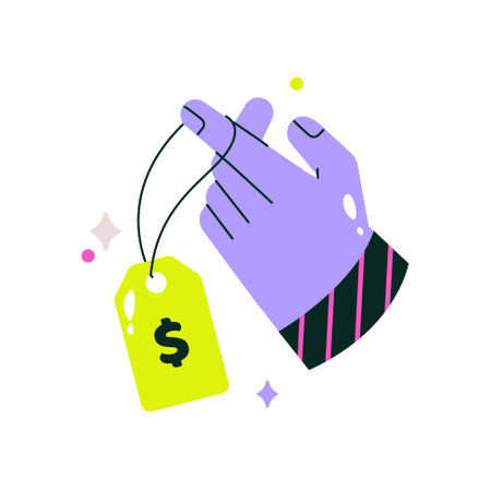 Hand Holding Price Tag In Flat Vector Illustration Symbolizing Sale, Shopping, And Cost, Isolated On White Backgroundのイラスト素材