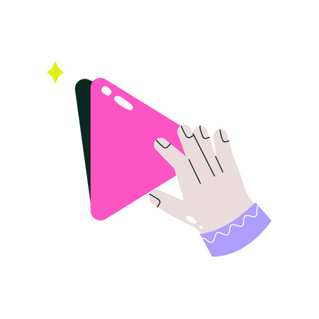 Hand Pushing Play Video Icon In Flat Vector Illustration Symbolizing Media, Entertainment, And Digital Interaction, Isolated On White Backgroundのイラスト素材