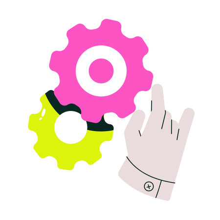 Robotic Hand Adjusting Pink And Yellow Gears In Flat Vector Illustration Symbolizing Automation, Settings, Engineering, And Innovation, Isolated On White Background.のイラスト素材