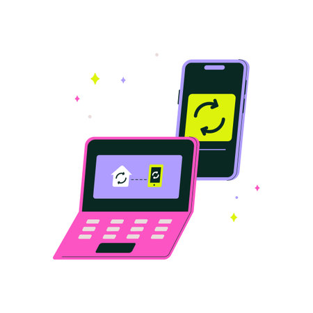 Laptop And Smartphone Displaying Synchronization Icon In Flat Vector Illustration Symbolizing File Transfer, Data Sharing, And Connectivity, Isolated On White Background.のイラスト素材