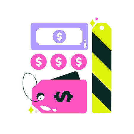 Financial Elements Including Price Tag And Coins In Flat Vector Illustration Symbolizing Money, Shopping, And Discounts, Isolated On White Backgroundのイラスト素材