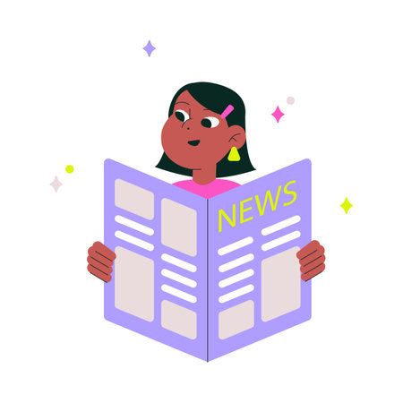 Woman Reading A Newspaper In Flat Vector Illustration Symbolizing News Updates, Daily Information, And Journalism, Isolated On White Background.のイラスト素材