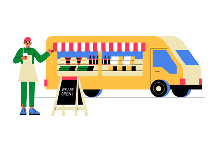 Food Truck With Male Vendor Serving Customers In Flat Vector Illustration Symbolizing Street Food, Mobile Dining, And Culinary Creativity, Isolated On White Backgroundのイラスト素材