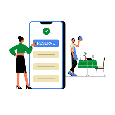 Online Restaurant Reservation With Female User And Waiter In Flat Vector Illustration Symbolizing Hospitality, Dining, And Digital Booking, Isolated On White Backgroundのイラスト素材