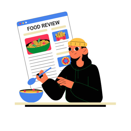 Female Food Blogger Reviewing A Dish With Food Review Page In Flat Vector Illustration Symbolizing Culinary Blogging, Tasting Experiences, And Digital Food Reviews, Isolated On White Backgroundのイラスト素材