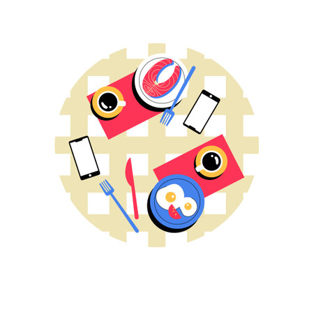 Top View Of Breakfast Table With Food And Coffee In Flat Vector Illustration Symbolizing Morning Routine, Dining, And Leisure, Isolated On White Backgroundのイラスト素材