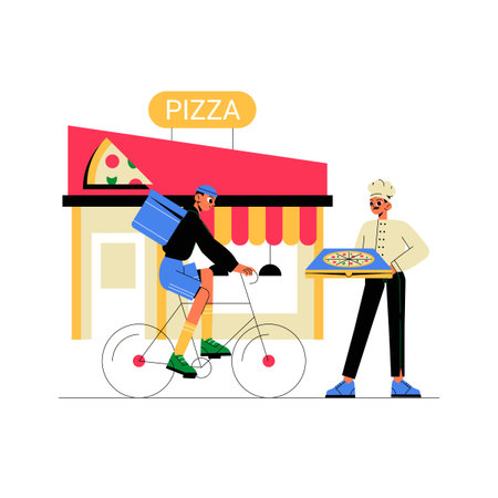Pizza Delivery With Cyclist And Chef Outside A Pizzeria In Flat Vector Illustration Symbolizing Food Delivery Service And Urban Lifestyle, Isolated On White Backgroundのイラスト素材