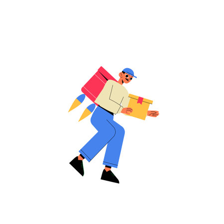 Male Delivery Worker With Backpack And Package In Flat Vector Illustration Symbolizing Express Shipping, Courier Services, And Logistics, Isolated On White Background.のイラスト素材